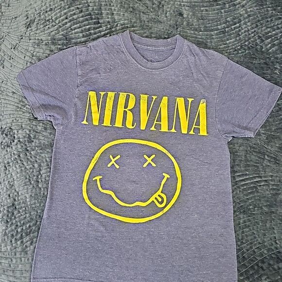 Nirvana Smiley Face Blue/Yellow Distressed T-Shirt Official Merch Men's Size  S - Picture 1 of 4
